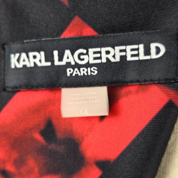 Karl Lagerfeld Sz 14 Black Red Floral Print Sheath Dress Sleeveless Ruched Front - Picture 11 of 14